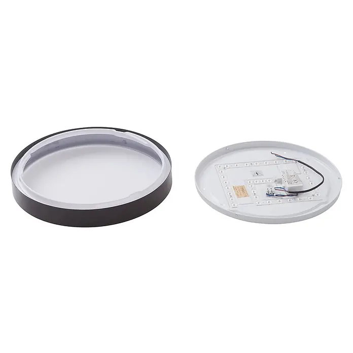 Lindby LED Deckenlampe in schwarz, Deckenleuchte rund -  - Demontierte runde LED-Deckenleuchte, mit schwarzem Gehäuse, weißem Diffusor und interner weißer LED-Platine samt Treiber.
