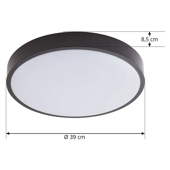 Lindby LED Deckenlampe in schwarz, Deckenleuchte rund -  - Runde, dunkle LED-Deckenleuchte mit weißem Diffusor, 39 cm Durchmesser und 8,5 cm Höhe.