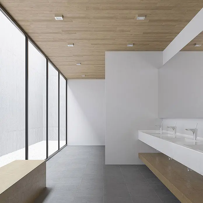 PRIOS LED Deckenlampe in silber, weiß, Deckenleuchte -  - Modernes Bad mit drei weißen Waschbecken, Holzablage und heller Holzlamellendecke mit quadratischen Leuchten. Großes Fenster sorgt für Tageslicht.