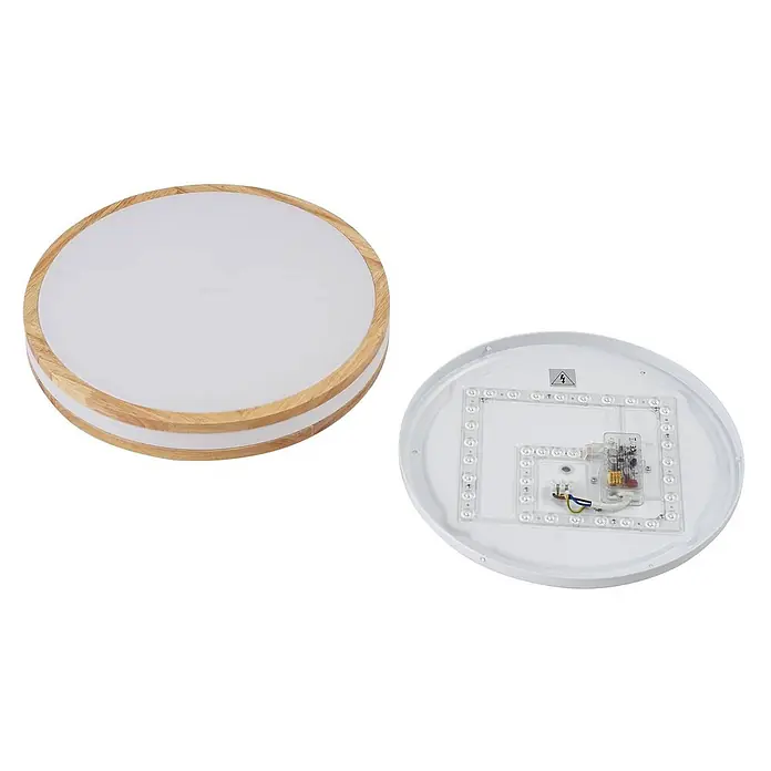Lindby LED Deckenlampe in holz, weiß, Deckenleuchte -  - Runde LED-Deckenleuchte mit Holzrahmen und weißem Diffusor. Vorder- und Rückansicht der internen Komponenten.