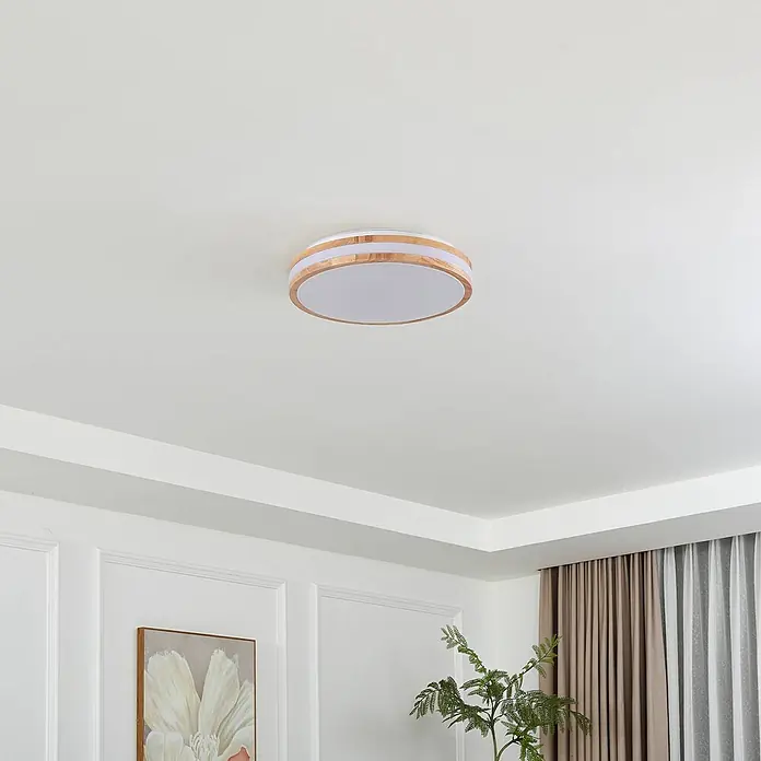 Lindby LED Deckenlampe in holz, weiß, Deckenleuchte -  - Runde Deckenleuchte mit weißem Diffusor und natürlichem Holzrand.