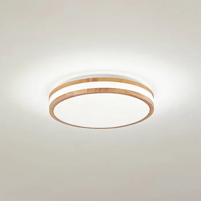 Lindby LED Deckenlampe in holz, weiß, Deckenleuchte -  - Runde Aufputz-Deckenleuchte mit hellem Holzrahmen und weißem, gleichmäßig beleuchtetem Diffusor.