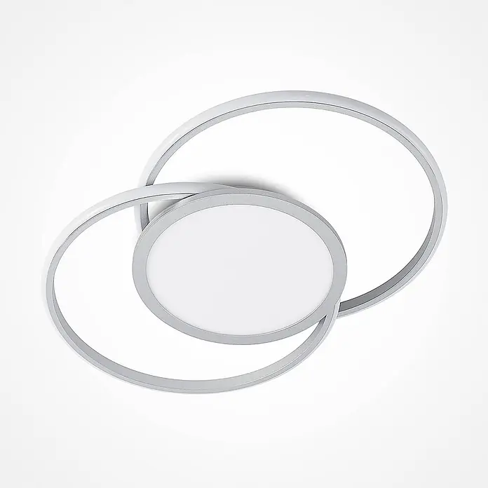 Lucande Deckenleuchte Senne - alu / grau / zink - Moderne silberne Deckenleuchte mit zwei ineinander verschlungenen Ringen und einer zentralen runden LED-Platte.