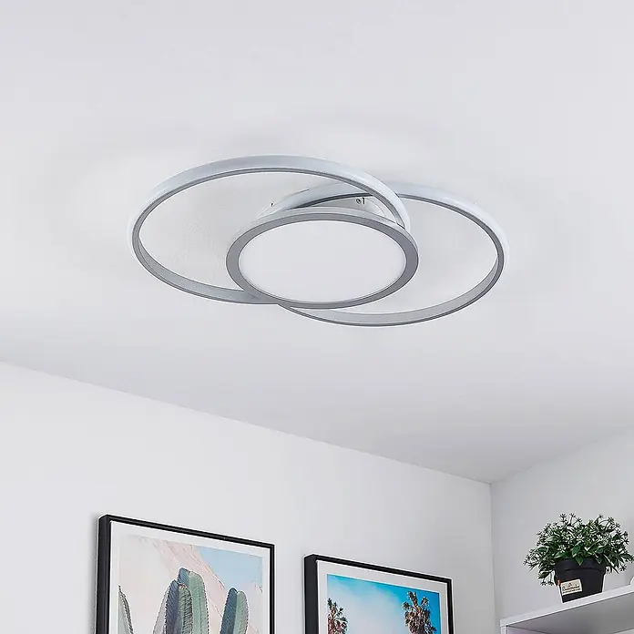 Lucande Deckenleuchte Senne - alu / grau / zink - Moderne LED-Deckenleuchte mit ineinandergreifenden grau-weißen Ringen.