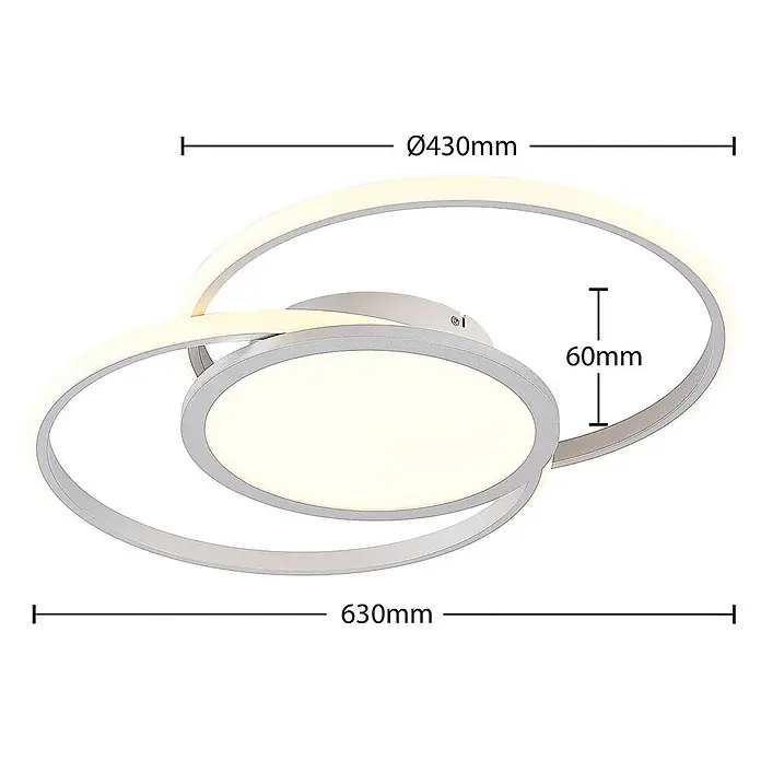 Lucande Deckenleuchte Senne - alu / grau / zink - Moderne silberne LED-Deckenleuchte mit Spiraldesign und integrierter Beleuchtung, Abmessungen angezeigt.