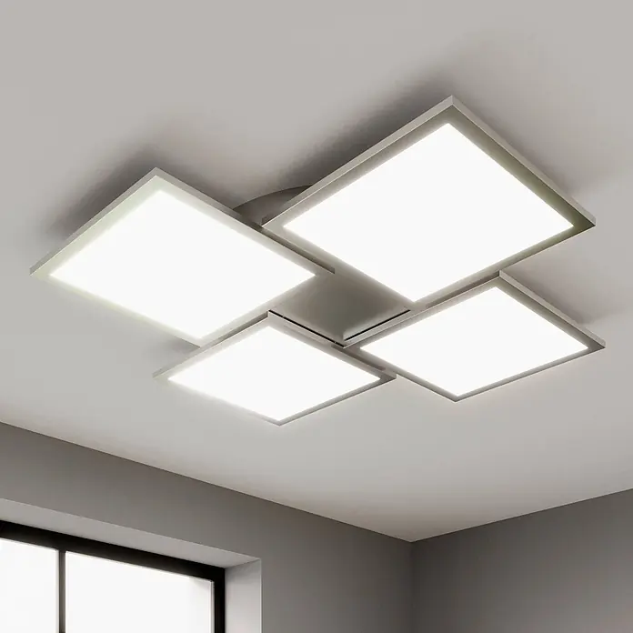 Lucande LED Deckenlampe in silber, weiß, dimmbar Deckenleuchte -  - Moderne Deckenleuchte mit vier quadratischen, weißen LED-Panels und silbernem Rahmen.