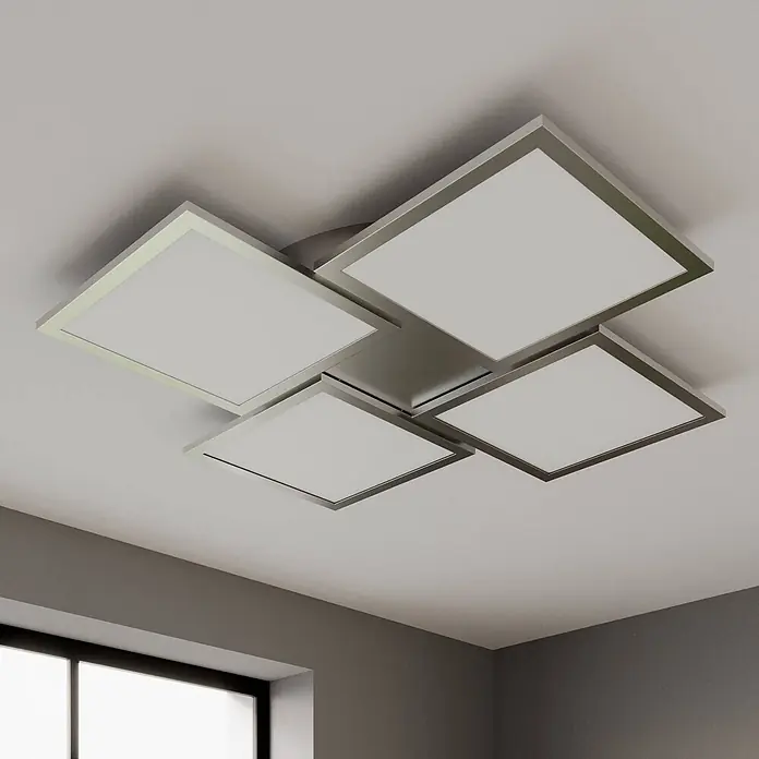 Lucande LED Deckenlampe in silber, weiß, dimmbar Deckenleuchte -  - Moderne LED-Deckenleuchte mit vier quadratischen, gebürsteten Metallpaneelen.