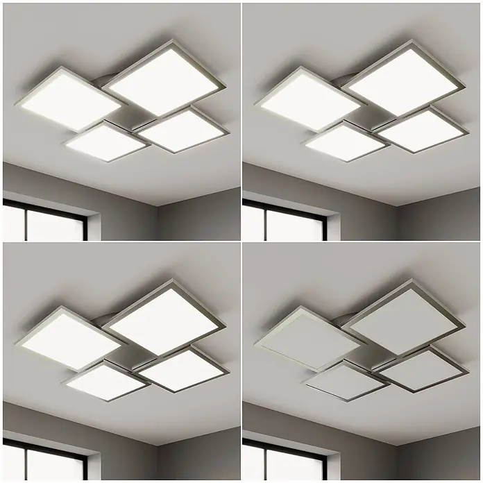Lucande LED Deckenlampe in silber, weiß, dimmbar Deckenleuchte -  - Eine moderne Deckenleuchte mit vier quadratischen LED-Paneelen und Metallrahmen, in einem Raum mit unterschiedlichen Lichteinstellungen.