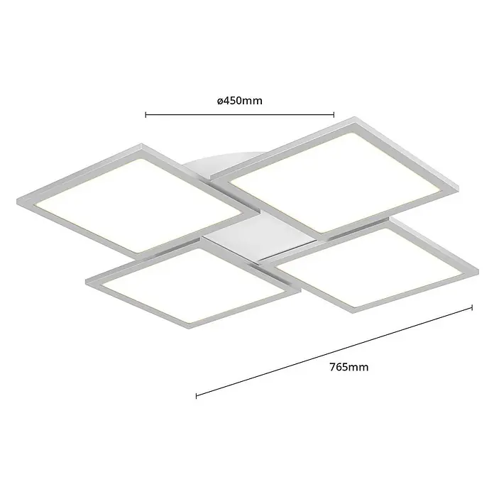 Lucande LED Deckenlampe in silber, weiß, dimmbar Deckenleuchte -  - Moderne silbergraue LED-Deckenleuchte mit vier verbundenen quadratischen Lichtpaneelen auf weißer Basis.