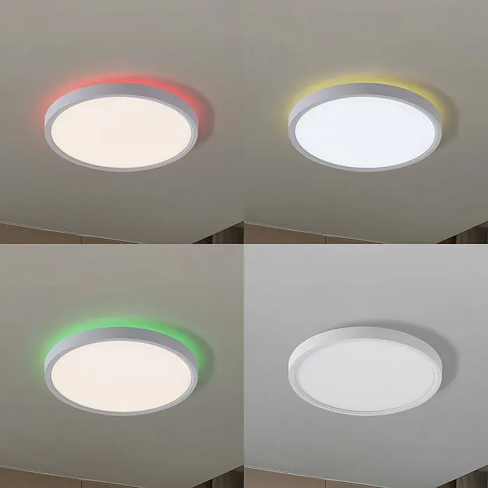 Lindby Deckenleuchte Deika - weiß / opal - Runde weiße LED-Deckenleuchte mit farbwechselnder Umgebungsbeleuchtung (rot, gelb, grün) und weißem Hauptlicht.