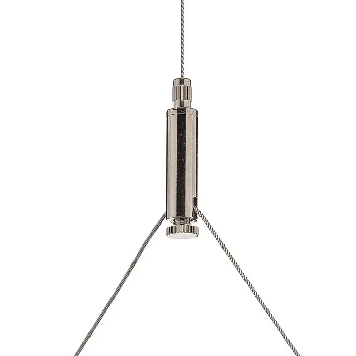 Arcchio LED Panel / Pendelleuchte Büro, Büroleuchte Hängeleuchte 4.000K -  - Polierte silberne Kabelklemme aus Metall mit einem Hauptaufhängungskabel und mehreren dünneren Kabeln, die von der Basis ausgehen.