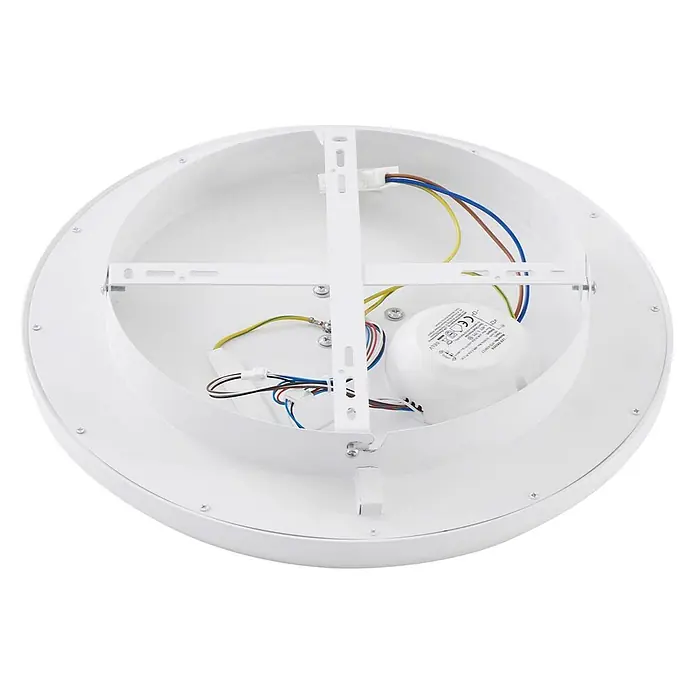 Lindby Deckenleuchte Lynden - weiß / opal - Weisse runde LED-Leuchte, Innenansicht mit Verkabelung und Netzteil.