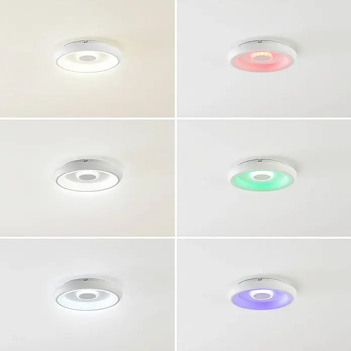 Lindby Deckenleuchte Lynden - weiß / opal - Runde, weiße LED-Deckenleuchte mit Farbwechselfunktion, in Warmweiß, Kaltweiß, Rot, Grün und Lila dargestellt.