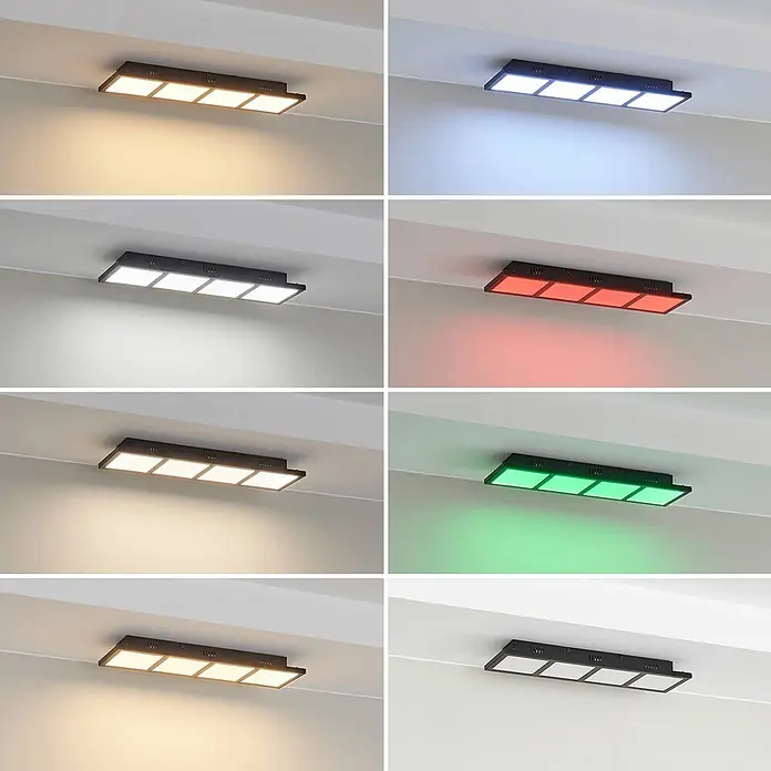 Lindby Deckenleuchte Raymie - schwarz - Rechteckige LED-Deckenleuchte mit dunklem Rahmen und vier quadratischen Paneelen, zeigt farbwechselndes Licht.