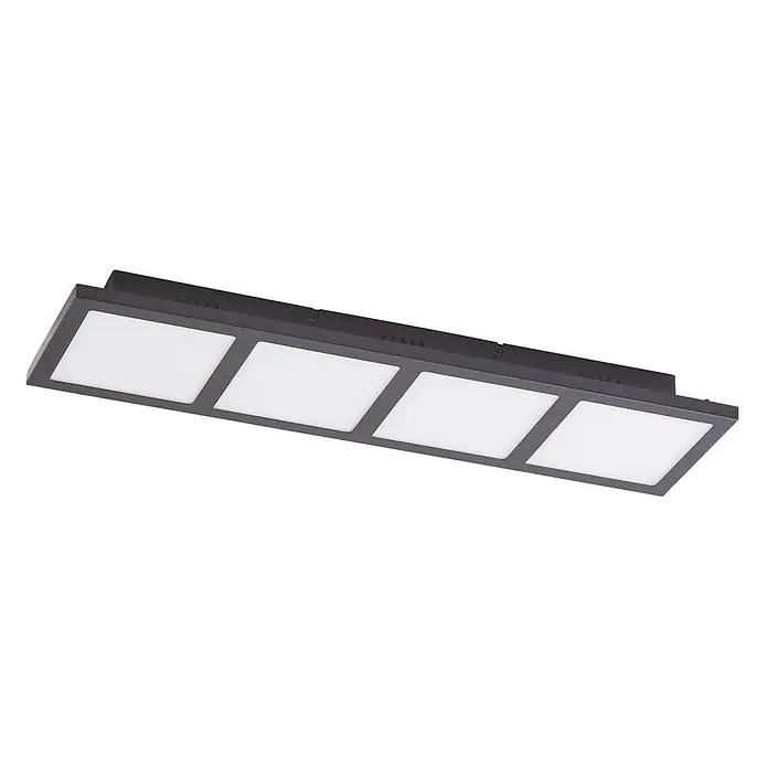 Lindby Deckenleuchte Raymie - schwarz - Dunkelgraue lineare LED-Leuchte mit vier quadratischen weißen Lichtpaneelen, für moderne Beleuchtung.