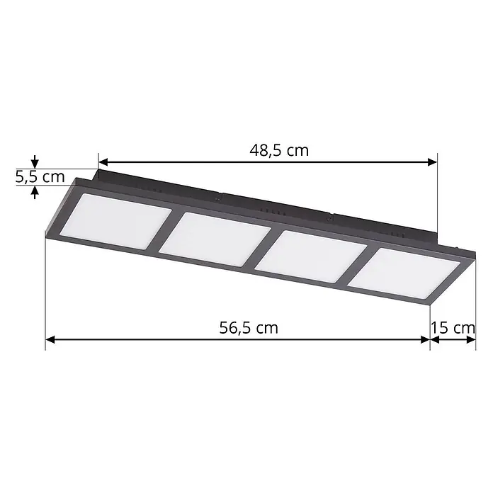 Lindby Deckenleuchte Raymie - schwarz - Rechteckige dunkelgraue Deckenleuchte mit vier weißen LED-Paneelen, 56,5 cm lang, 5,5 cm hoch.