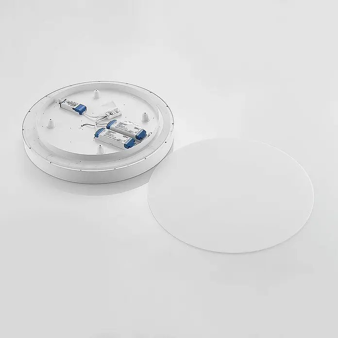 Arcchio LED Deckenlampe in weiß, Deckenleuchte rund -  - Demontierte weiße runde LED-Deckenleuchte mit sichtbaren Treibern und separater Abdeckung.