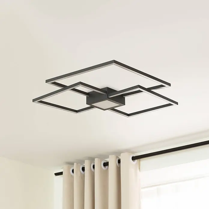 Lindby LED Deckenlampe modern, dimmbar, 230V, IP20, warmweiß - 3.000K - Moderne dunkelgraue geometrische LED-Deckenleuchte mit quadratischen Rahmen.