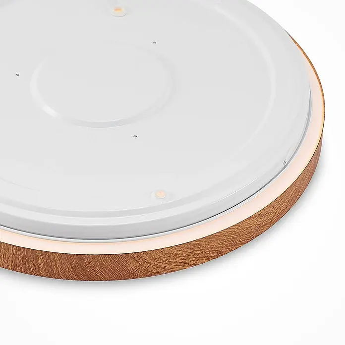 Lindby LED Deckenlampe in holz, weiß, Deckenleuchte rund -  - Runde LED-Deckenleuchte mit weißem Diffusor und Holzoptikrand mit indirekter Beleuchtung.