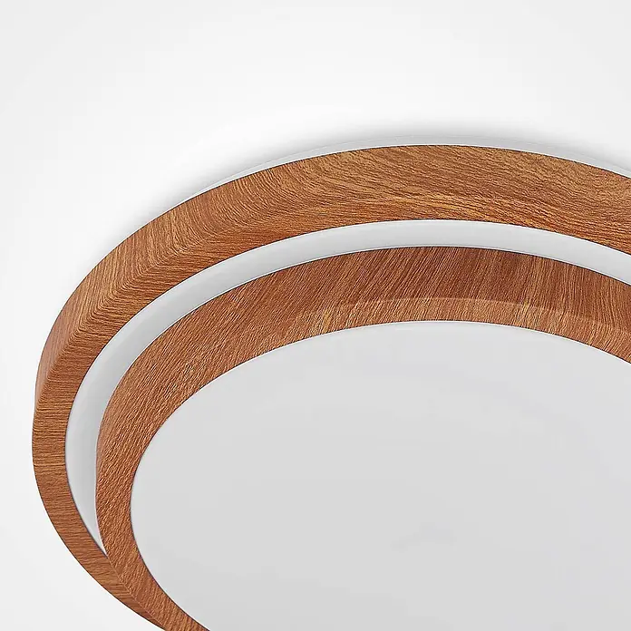Lindby LED Deckenlampe in holz, weiß, Deckenleuchte rund -  - Moderne runde LED-Deckenleuchte mit Holzmaserung-Ringen und weißen Diffusoren.