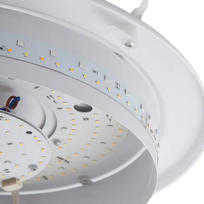 Lindby Deckenleuchte Felecina - weiß / opal - Nahaufnahme weißer LED-Lichtkomponenten: flexible LED-Streifen und runde Platinen mit zahlreichen kleinen, warmweißen LEDs.