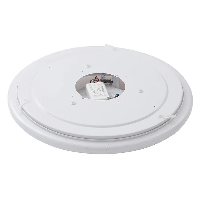 Lindby Deckenleuchte Felecina - weiß / opal - Weiße runde LED-Deckenleuchte, Rückseite mit Netzteil und Befestigungsklammern.