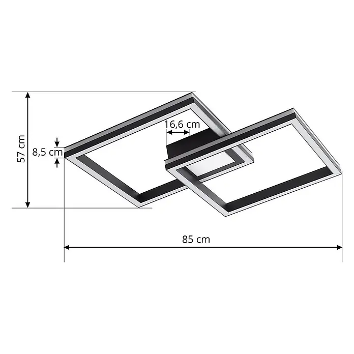 Lucande LED Deckenlampe dimmbar, RGB Backlight, Fernbedienung -  - Schwarz-silberne LED-Deckenleuchte mit zwei ineinander verschlungenen Quadratrahmen, 85 cm lang, 57 cm breit, 8,5 cm tief.