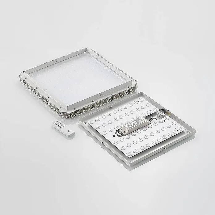 Lindby LED Deckenlampe in weiß, chrom, dimmbar Deckenleuchte -  - Zerlegte rechteckige LED-Deckenleuchte mit kristallähnlichen Akzenten, LED-Panel, Treiber und Fernbedienung.