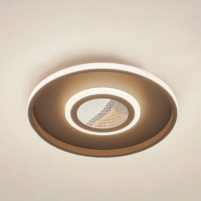 Lindby Deckenleuchte Selian - schwarz, schwarz - Runde LED-Deckenleuchte mit braunen und weißen Ringen und einem zentralen LED-Gitter.
