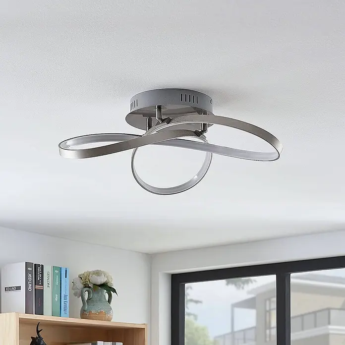 Lindby LED Deckenlampe in nickel matt, weiß, Deckenleuchte -  - Moderne, silbergraue Deckenleuchte mit abstrakten, wellenförmigen LED-Ringen.