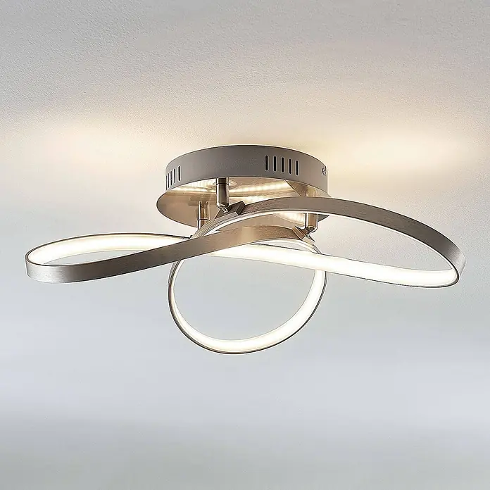 Lindby LED Deckenlampe in nickel matt, weiß, Deckenleuchte -  - Moderne LED-Deckenleuchte mit verschränkten Ringen aus gebürstetem Metall.