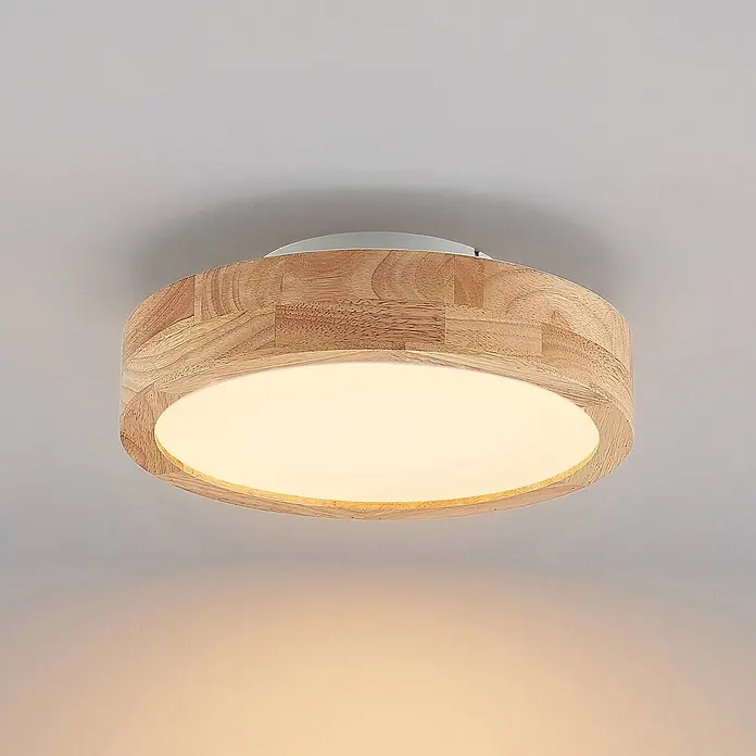 Lindby LED Deckenlampe in holz, weiß, dimmbar Deckenleuchte rund -  - Runde Deckenleuchte mit hellem Holzrahmen und warmweiß beleuchtetem Diffusor.