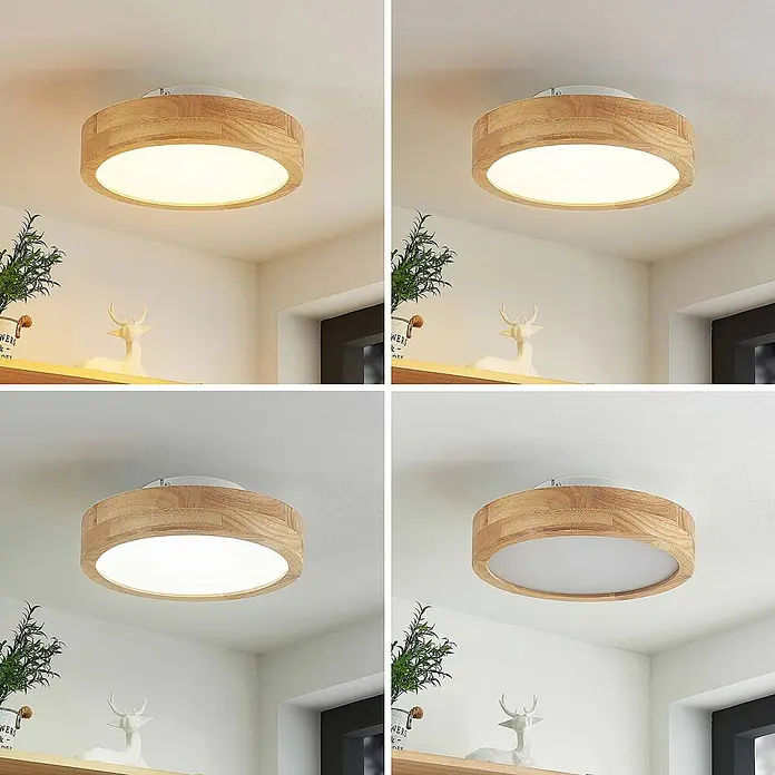 Lindby LED Deckenlampe in holz, weiß, dimmbar Deckenleuchte rund -  - Runde Deckenleuchte aus Holz, die verschiedene Lichtfarbttemperaturen zeigt: warmweiß, kaltweiß und ausgeschaltet.