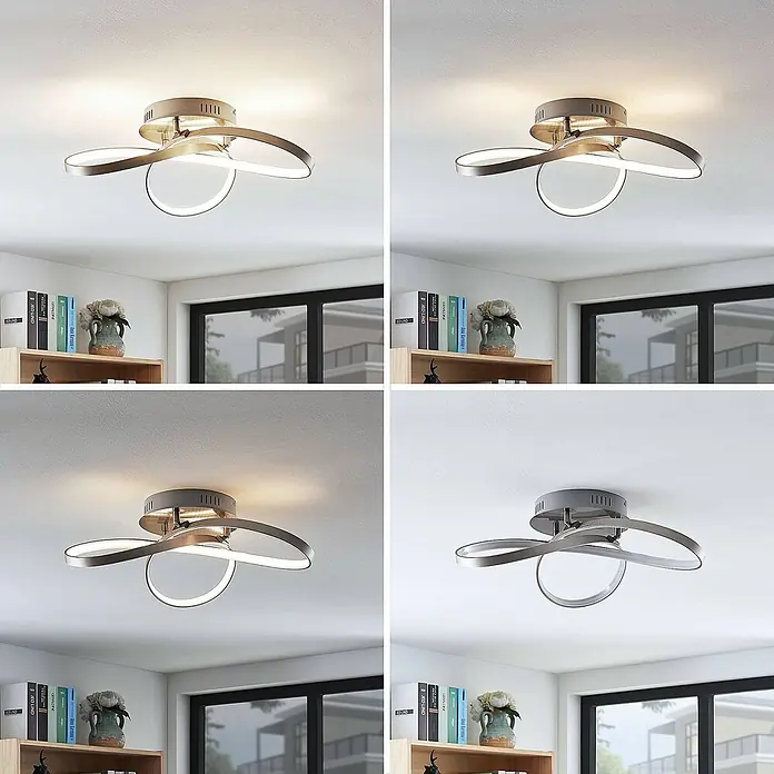 Lindby LED Deckenlampe in nickel matt, weiß, Deckenleuchte -  - Moderne Deckenleuchte aus gebürstetem Nickel mit wellenförmigen, beleuchteten Ringen. Gezeigt mit warmem, kühlem und ausgeschaltetem Licht.