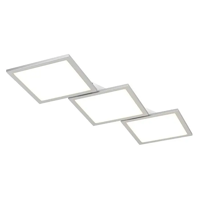 Lucande LED Deckenlampe in silber, weiß, dimmbar Deckenleuchte -  - Drei miteinander verbundene quadratische LED-Flächenleuchten mit silbernen Rahmen, die hellweißes Licht spenden.