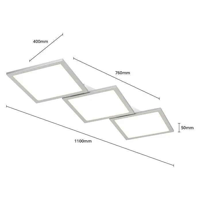 Lucande LED Deckenlampe in silber, weiß, dimmbar Deckenleuchte -  - Moderne silberne dreiflammige LED-Deckenleuchte, 400mm quadratische Platten, 50mm hoch, Gesamtlänge 1100mm.