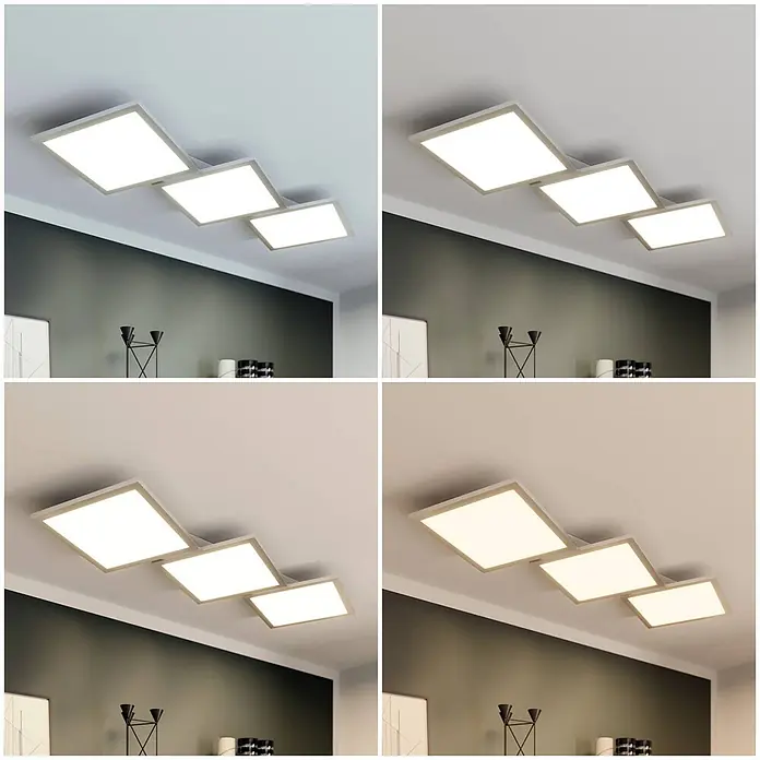 Lucande LED Deckenlampe in silber, weiß, dimmbar Deckenleuchte -  - Moderne LED-Deckenleuchte mit drei verbundenen quadratischen Paneelen. Zeigt einstellbare Farbtemperaturen von kalt- bis warmweiß.