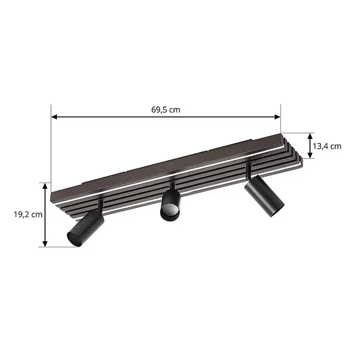 Lucande Deckenstrahler Tiron - Holz dunkel, schwarz - Dunkelbraune/schwarze Deckenleuchte (69,5x13,4x19,2 cm) mit drei schwarzen, verstellbaren Strahlern auf rechteckiger Basis.