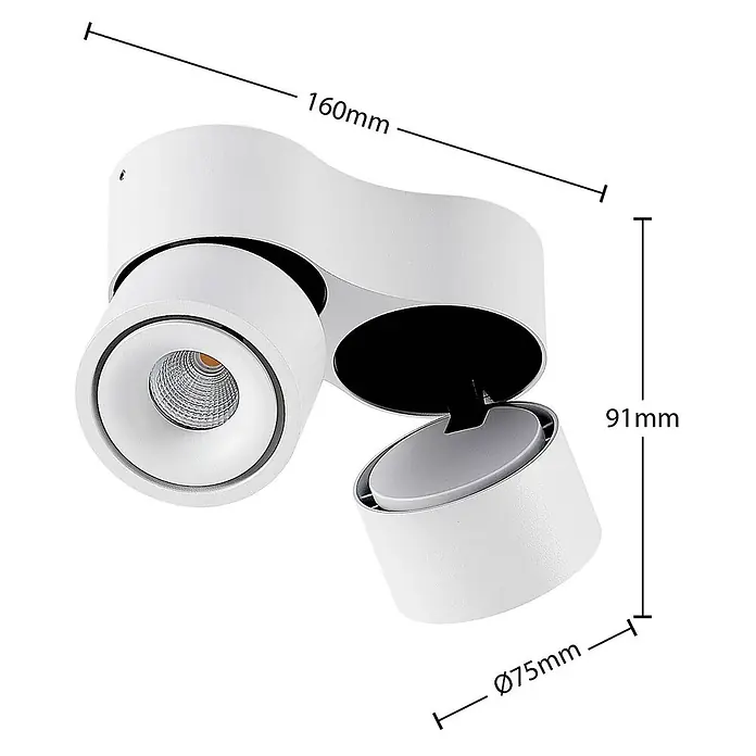 Arcchio LED Deckenlampe, Spotbalken Deckenstrahler 350° drehbar -  - Weiße, aufputzmontierte Deckenleuchte mit zwei verstellbaren Strahlern; Maße 160x91mm, Ø75mm.
