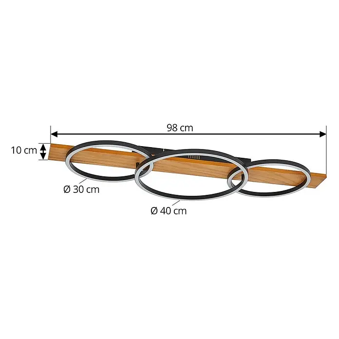 Lindby LED Deckenlampe in holz, weiß, Deckenleuchte -  - Moderne LED-Deckenleuchte mit Holzsockel und drei ineinander verschlungenen schwarz-silbernen Ringen, 98 cm lang, 10 cm hoch, Ø 30 & 40 cm.