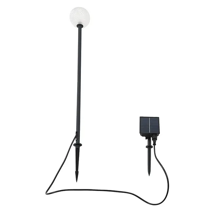 Lindby LED Solar Gartenlampe Erdspieß in schwarz matt, transparent, -  - Solar-Gartenleuchte mit klarer Kugel auf schwarzem Erdspieß, per Kabel verbunden mit separatem Solarpanel auf Spieß.