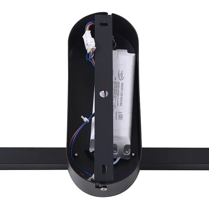 Lindby LED Deckenlampe in schwarz, Deckenleuchte -  - Innenansicht eines schwarzen ovalen Leuchtengehäuses mit weißem LED-Treiber und farbiger Verkabelung.