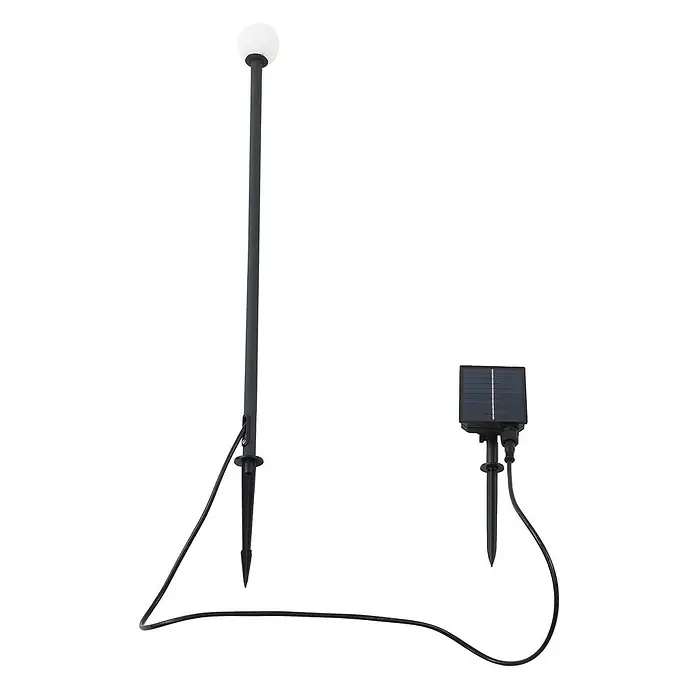 Lindby LED Solar Gartenlampe Erdspieß in schwarz matt, Erdspießlampe -  - Schwarze solarbetriebene Gartenwegleuchte mit weißer Kugel und separatem Solarpanel auf Erdspießen.