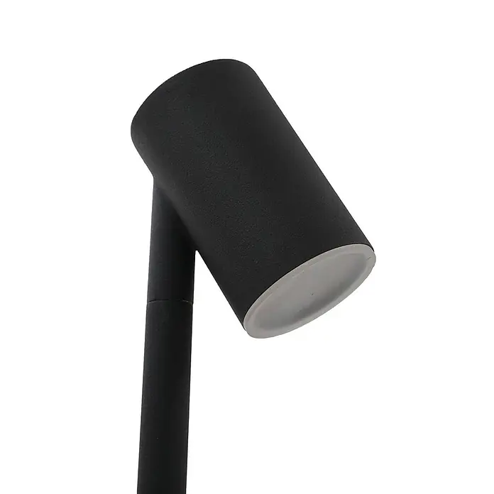 Lindby LED Solar Gartenlampe Erdspieß in schwarz matt, Erdspießlampe -  - Schwarzer, texturierter Strahler auf einem Stiel mit hellgrauem Innenrand, nach oben angewinkelt.