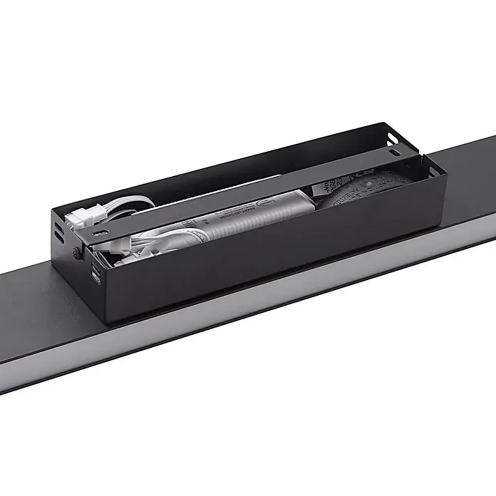 Lucande LED Deckenlampe in schwarz, dimmbar Deckenleuchte -  - Schwarzes Metallgehäuse mit weißem LED-Treiber und Kabeln auf einer linearen Lichtschiene.