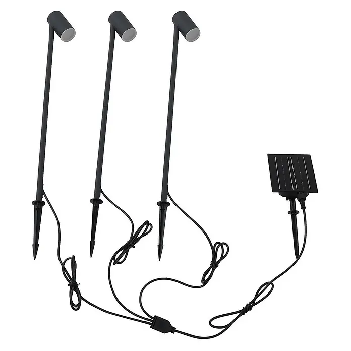 Lindby LED Solar Gartenlampe Erdspieß in schwarz matt, Erdspießlampe -  - Drei dunkle Solar-Gartenstrahler mit Erdspießen und verbundenem Solarpanel für Außenbeleuchtung.