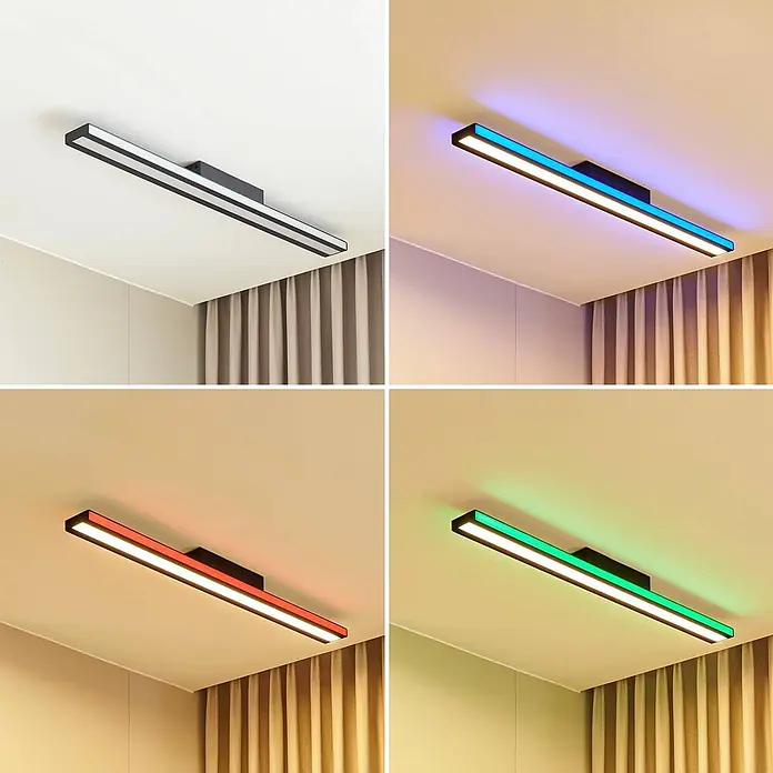 Lucande LED Deckenlampe in schwarz, dimmbar Deckenleuchte -  - Schwarze rechteckige LED-Deckenleuchte, die weißes, blaues, rotes und grünes Umgebungslicht in einem Raum erzeugt.