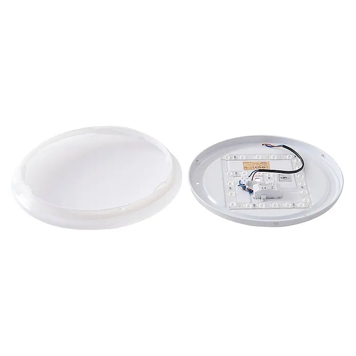 Lindby LED Deckenlampe in weiß, Deckenleuchte rund -  - Weiße runde LED-Deckenleuchte mit mattierter, sternenbesetzter Abdeckung und zerlegter Basis mit LED-Platine und Verkabelung.