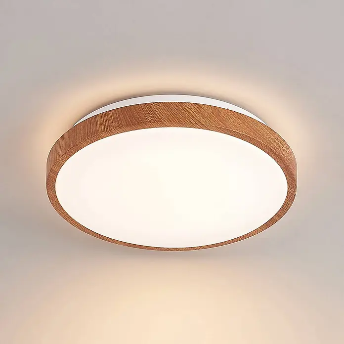 Lindby LED Deckenlampe in holz, weiß, Deckenleuchte rund -  - Runde LED-Deckenleuchte mit Holzoptikrahmen und weißem Diffusor.