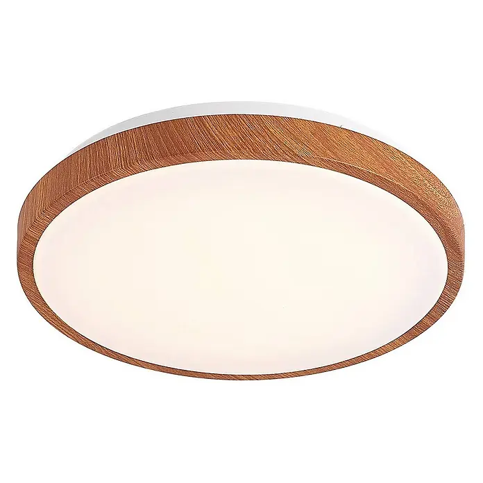 Lindby LED Deckenlampe in holz, weiß, Deckenleuchte rund -  - Runde LED-Deckenleuchte mit Holzoptik-Rand und weißem Diffusor.